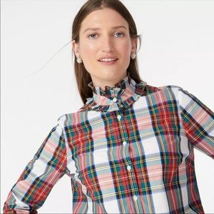 J Crew Ruffleneck Classic Fit Shirt White Snowy Tartan Plaid